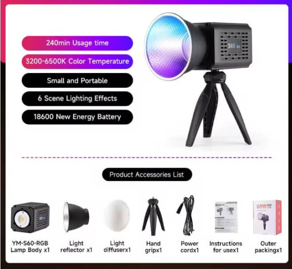 YM-S60 RGB COB Light – 18600mAh Rechargeable LED Video Light with 20 Effects