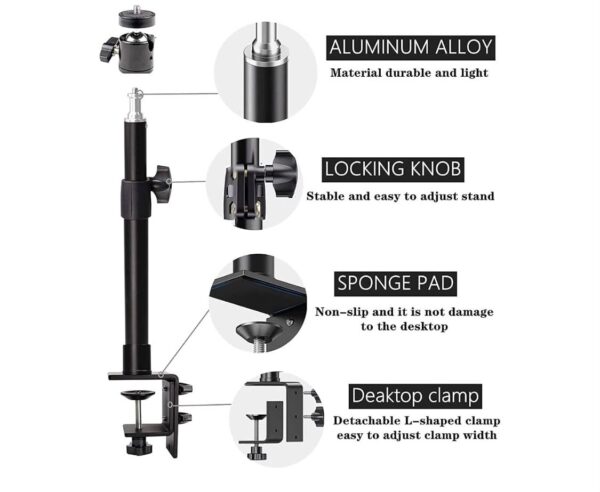 Desk Mount Stand, 12-20inch Tabletop C Clamp Mount Stand, Adjustable Table Aluminum Light Stand with Standard 1/4" Screw Tip for DSLR Camera, Ring Light, Video Light, Panel Light